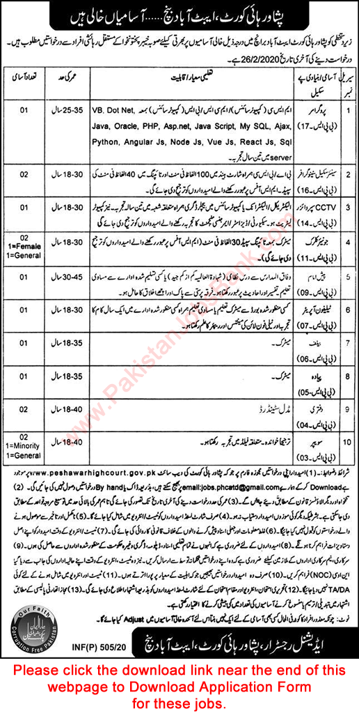 Peshawar High Court Abbottabad Bench Jobs 2020 February Application Form Clerks, Stenographers & Others Latest
