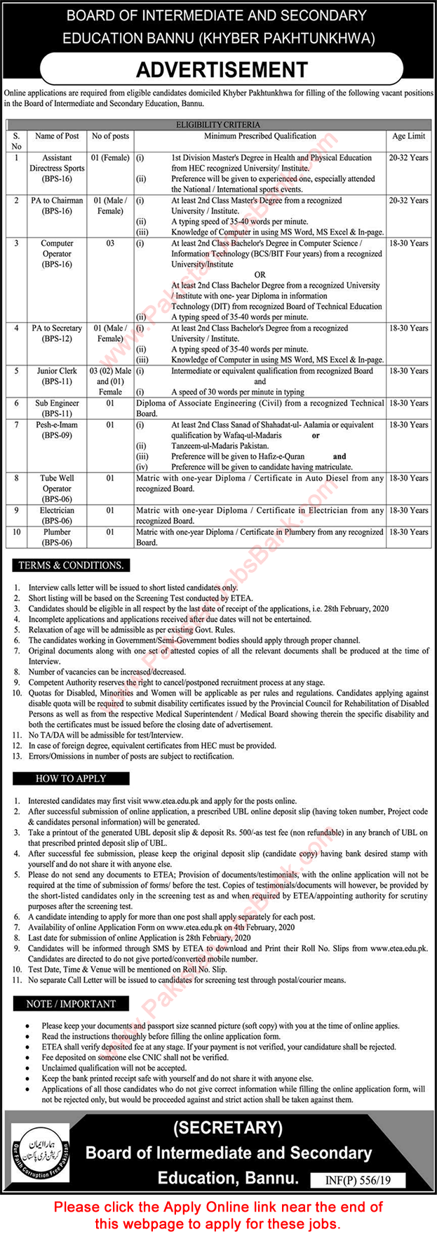 Board of Intermediate and Secondary Education Bannu Jobs 2020 February ETEA Apply Online Latest
