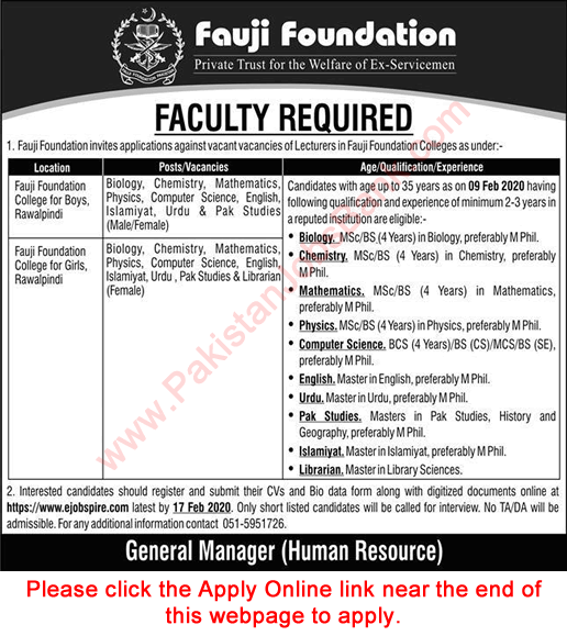 Fauji Foundation Colleges Rawalpindi Jobs 2020 February Apply Online Lecturers & Librarian Latest