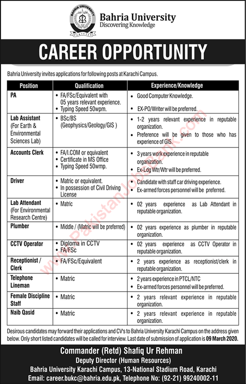 Bahria University Karachi Jobs 2020 February Clerk, Lab Assistant / Attendant & Others Latest