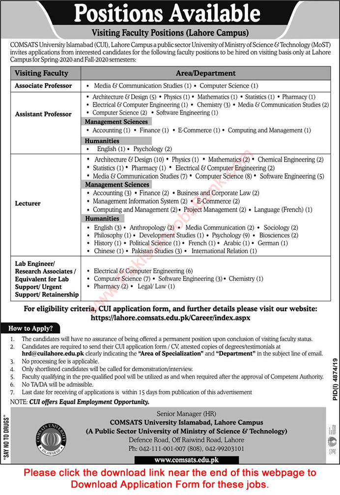 COMSATS University Lahore Campus Jobs February 2020 March Application Form Teaching Faculty & Others Latest