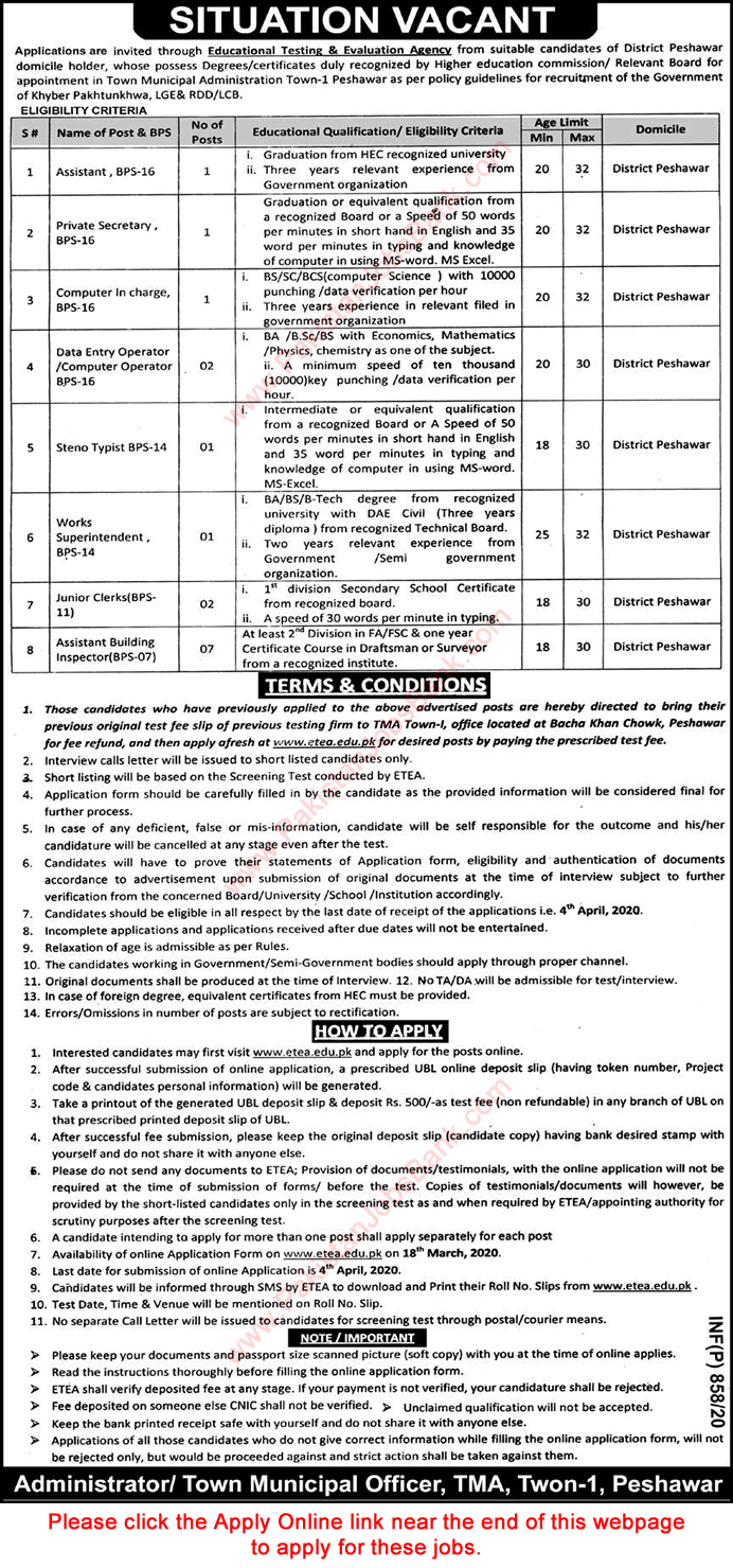 Town Municipal Administration Peshawar Jobs 2020 March Apply Online Assistant Building Inspectors & Others Latest