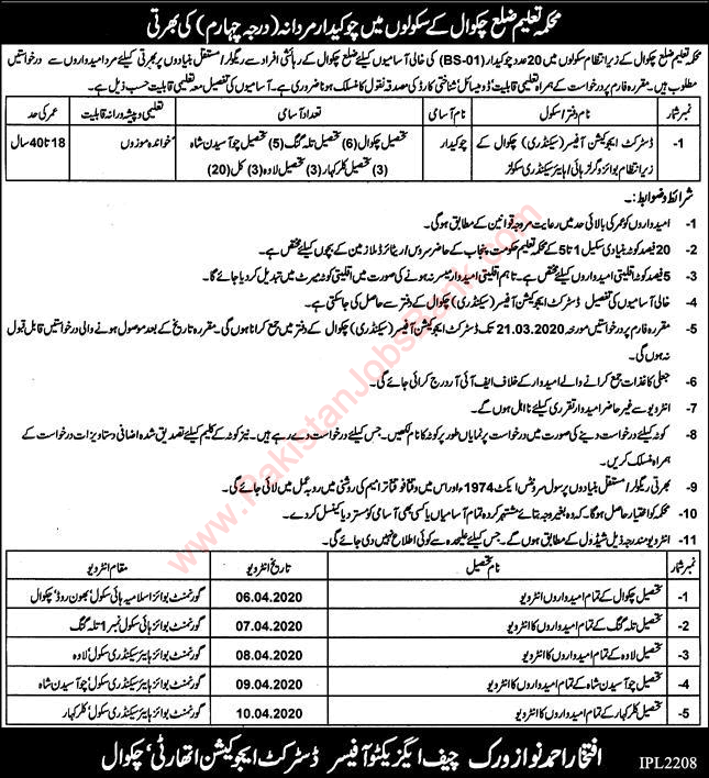 Chowkidar Jobs in Education Department Chakwal 2020 March Latest
