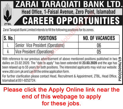 ZTBL Jobs March 2020 Apply Online Vice Presidents Zarai Taraqiati Bank Limited Latest