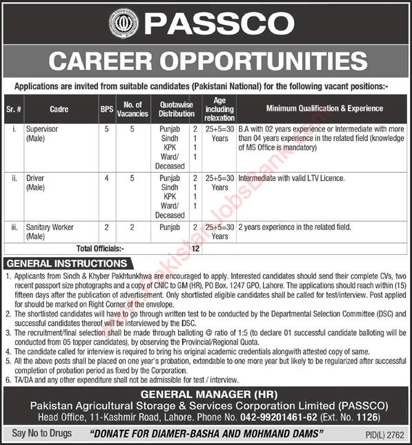 PASSCO Jobs 2020 March Drivers, Supervisors & Sanitary Workers Latest