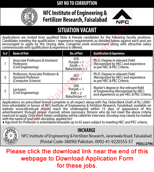 NFC Institute of Engineering and Fertilizer Research Faisalabad Jobs 2020 March Application Form Teaching Faculty Latest