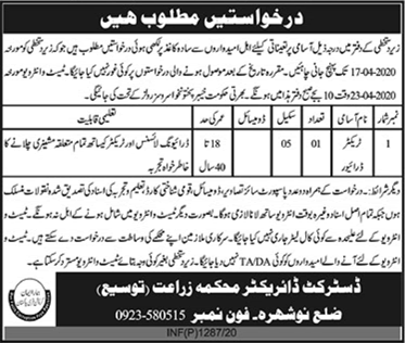 Tractor Driver Jobs in Agriculture Department Nowshera 2020 April Latest