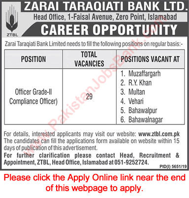 Compliance Officer Jobs in ZTBL April 2020 Apply Online OG-II Zarai Taraqiati Bank Limited Latest