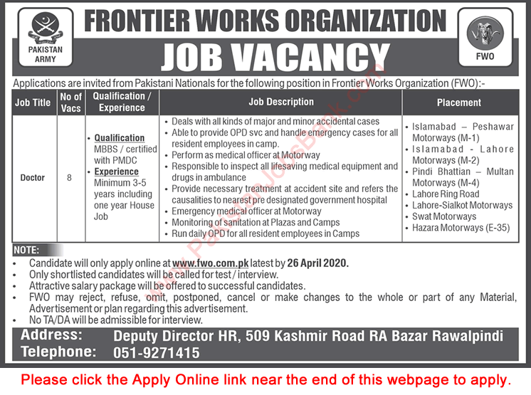 Doctor Jobs in FWO April 2020 Apply Online Frontier Works Organization Latest