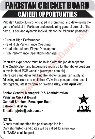 Pakistan Cricket Board Jobs April 2020 PCB Operations Manager & Others Latest