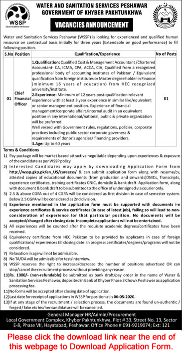 Chief Financial Officer Jobs in Water and Sanitation Services Peshawar 2020 April WSSP Application Form Latest