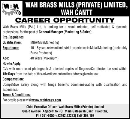 Sales & Marketing Manager Jobs in Wah Brass Mills Wah Cantt 2020 April WBM Latest