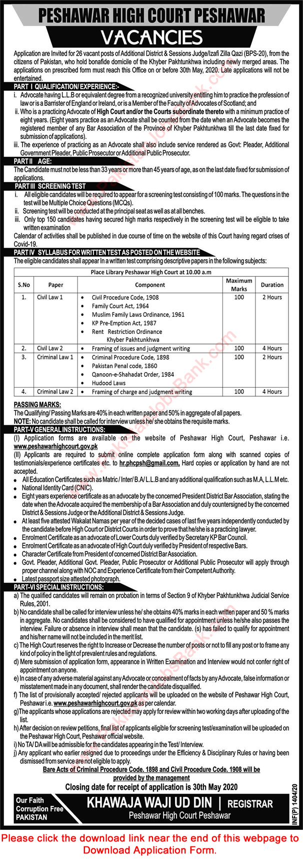 Additional District and Session Judge Jobs in Peshawar High Court 2020 April Application Form Izafi Zilla Qazi Latest