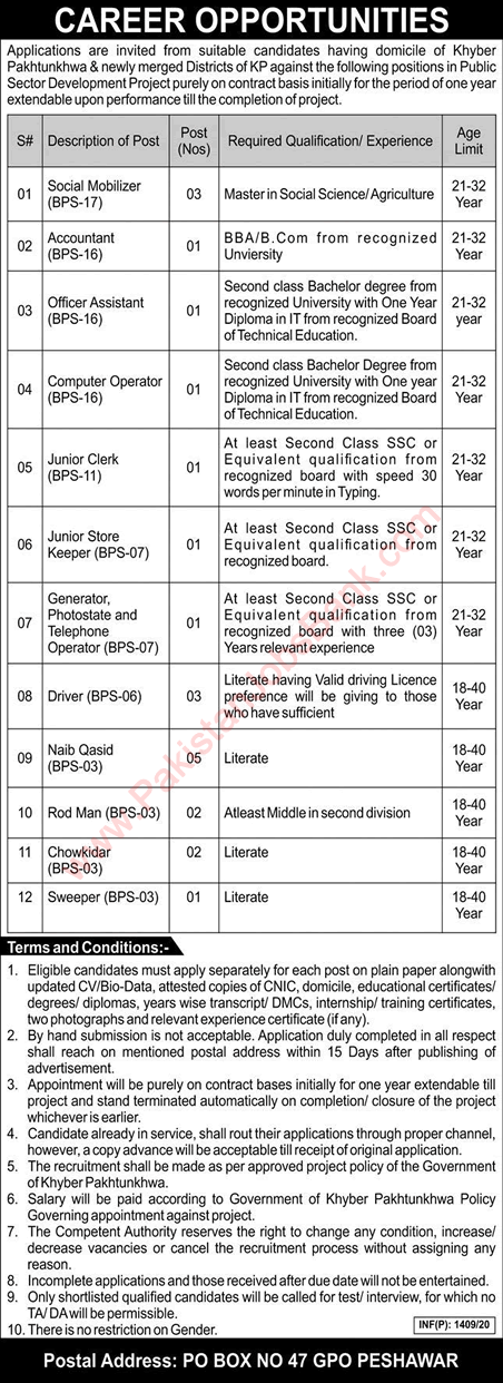 PO Box 47 GPO Peshawar Jobs 2020 April Public Sector Organization Latest