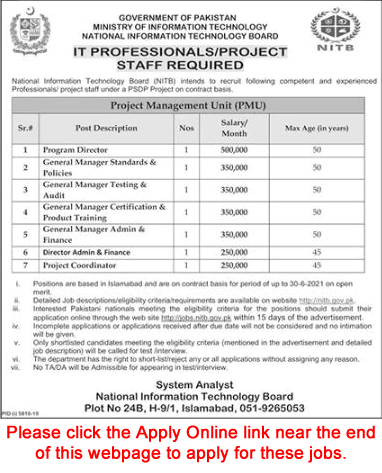 National Information Technology Board Islamabad Jobs 2020 April Apply Online MoIT Latest