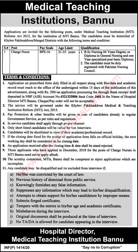 Charge Nurse Jobs in Medical Teaching Institution Bannu 2020 April MTI Latest