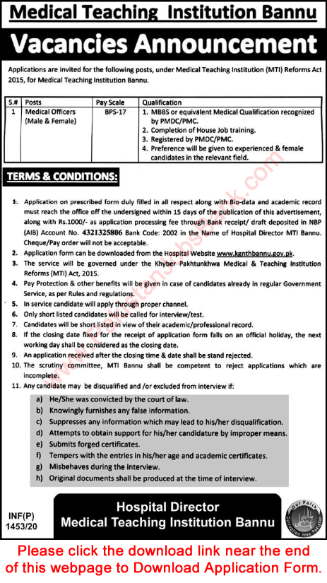 Medical Officer Jobs in MTI Bannu 2020 April / May Application Form Medical Teaching Institution Latest