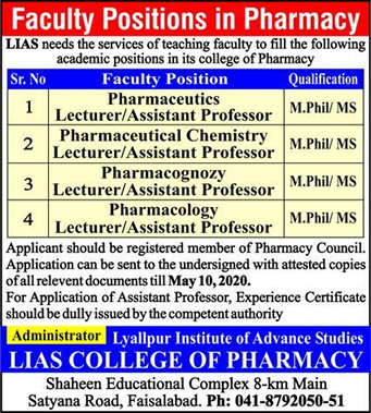 LIAS College of Pharmacy Faisalabad Jobs 2020 May Teaching Faculty Latest