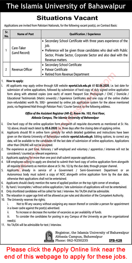 Islamia University of Bahawalpur Jobs 2020 May IUB Apply Online Revenue Officer & Care Taker Latest