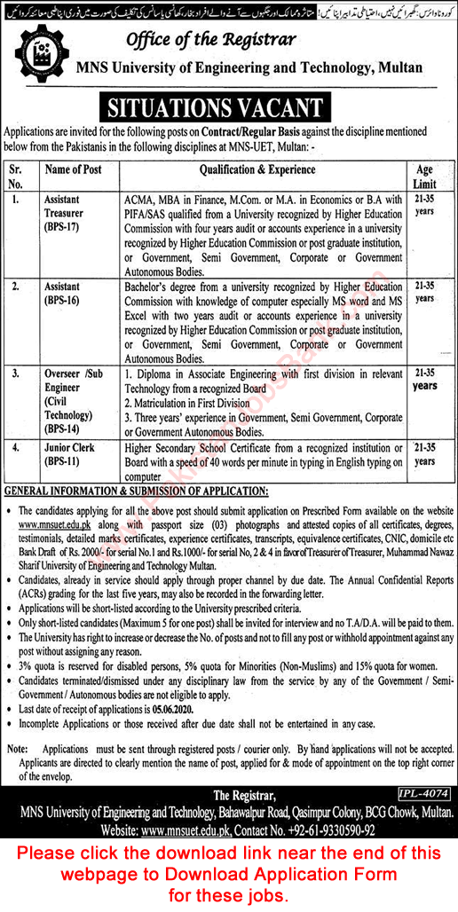 MNS UET Multan Jobs 2020 May Application Form Assistant, Clerk & Others Latest