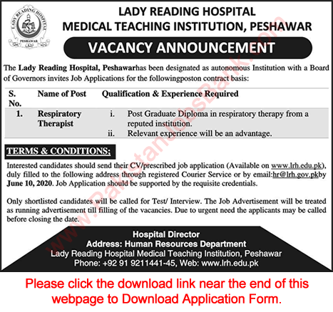 Respiratory Therapist Jobs in Lady Reading Hospital Peshawar 2020 May Application Form Latest