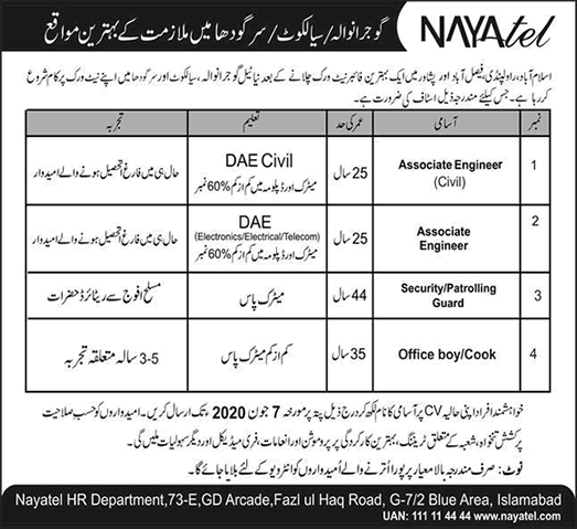 Nayatel Jobs May 2020 June Associate Engineers, Security Guards & Office Boy / Cook Latest