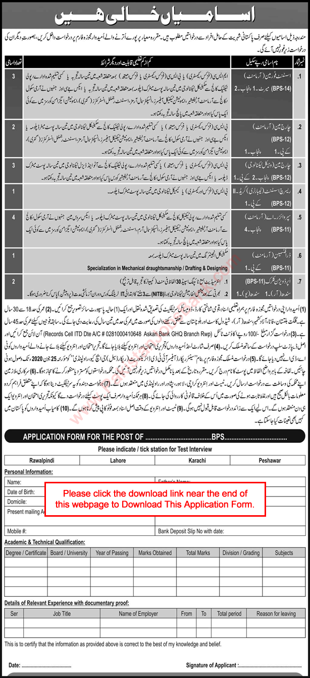 ITD Directorate GHQ Rawalpindi Jobs 2020 May / June Application Form Chargeman & Others Pak Army Latest