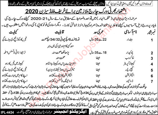 Irrigation Department Marala Division Jobs 2020 June Sialkot Baildar & Other Latest