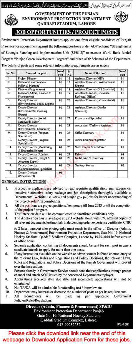 Environment Protection Department Punjab Jobs 2020 June Application Form Assistant / Deputy Directors & Others Latest