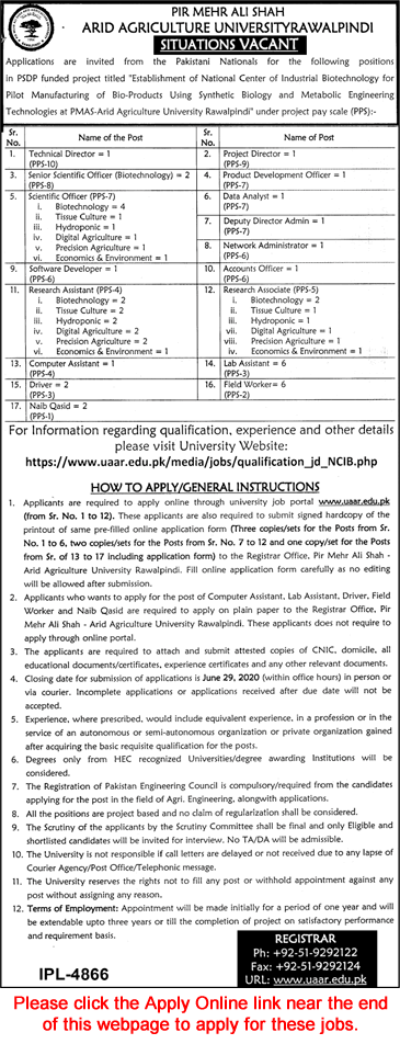 Arid Agriculture University Rawalpindi Jobs June 2020 Apply Online Research Assistant & Others PMAS AAUR Latest