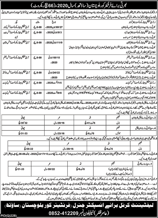 Frontier Corps Balochistan Jobs June 2020 Sipahi & Others FC South 66 Batch Latest