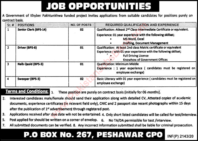 PO Box 267 Peshawar Jobs 2020 June Clerk, Driver, Naib Qasid & Sweepers Latest