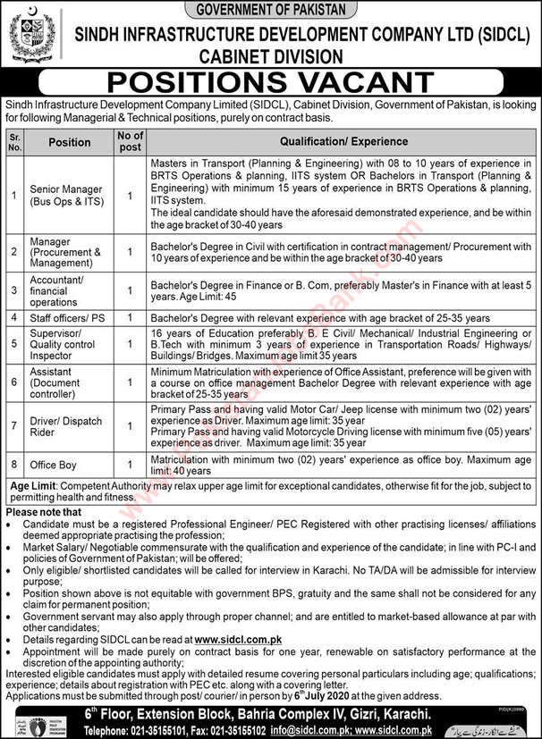 Sindh Infrastructure Development Company Jobs 2020 June SIDCL Latest