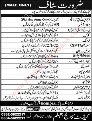Cadet College Jhelum Jobs July 2020 Clerk, Security Guards & Others Latest
