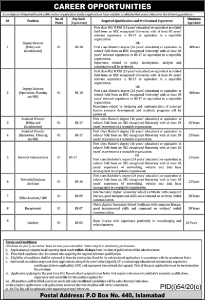 PO Box 440 Islamabad Jobs 2020 July Deputy Directors, Office Assistant & Others Latest
