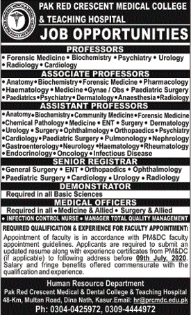 Pak Red Crescent Medical College and Teaching Hospital Kasur Jobs 2020 July Teaching Faculty, Medical Officers & Demonstrators Latest