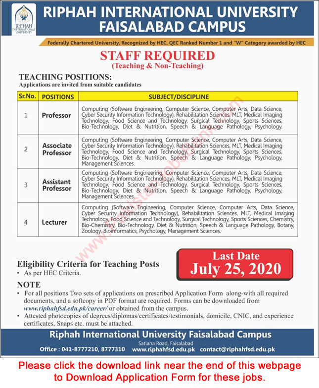 Teaching Faculty Jobs in Riphah International University Faisalabad 2020 July Application Form Download Latest