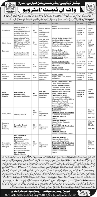 NADRA Jobs July 2020 Walk in Test / Interview Junior Executives, Site In Charge, Supervisors & Others Latest