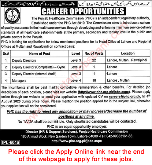 Punjab Healthcare Commission Jobs 2020 July Deputy Directors & Managers Latest