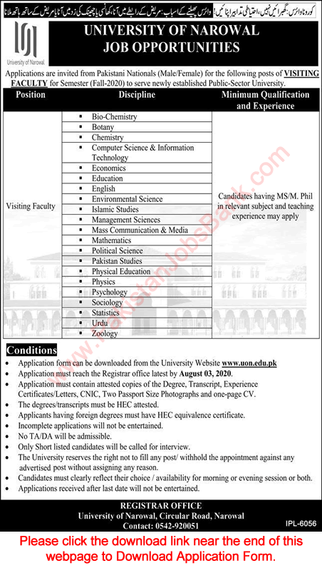 Visiting Faculty Jobs in University of Narowal July 2020 Application Form UON Latest
