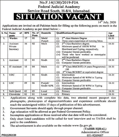 Federal Judicial Academy Islamabad Jobs 2020 July Clerks, IT Assistant, Naib Qasid & Others Latest