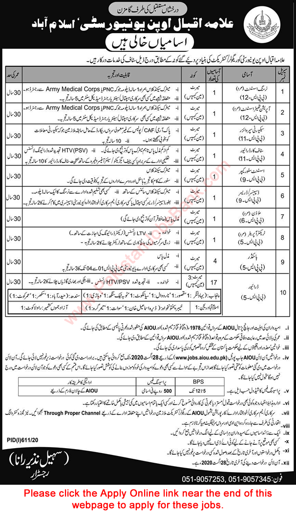 AIOU Jobs August 2020 Apply Online Allama Iqbal Open University Drivers & Others Latest