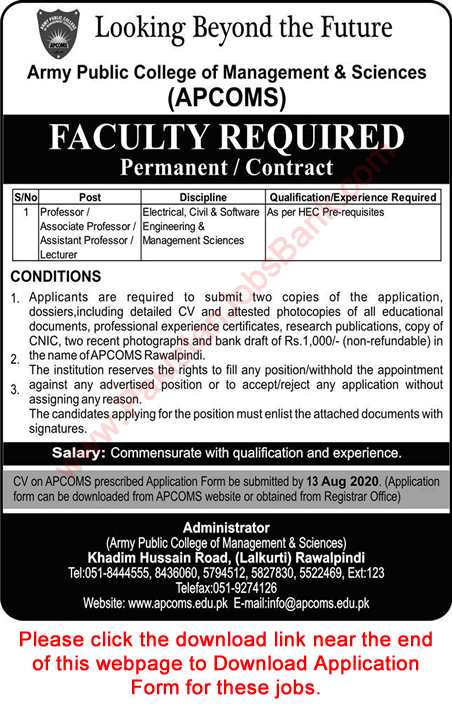 Teaching Faculty Jobs in APCOMS Rawalpindi 2020 August Application Form Army Public College of Management and Sciences Latest