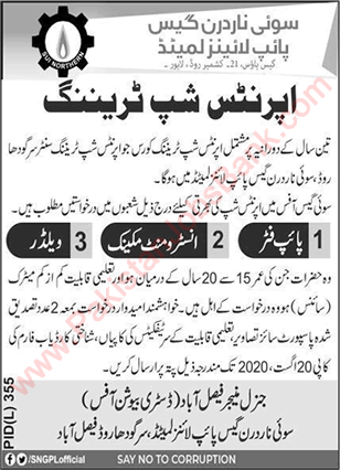 SNGPL Apprenticeships 2020 August Faisalabad Sui Northern Gas Pipe Lines Limited Jobs Latest