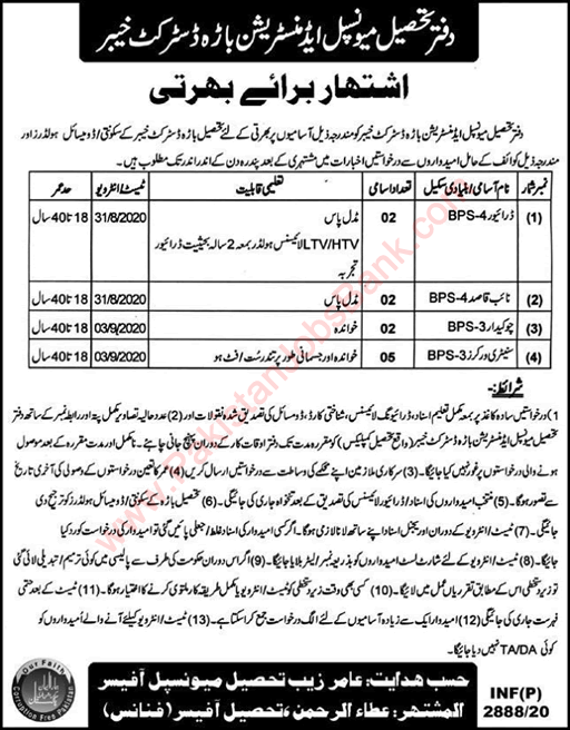 Tehsil Municipal Administration (TMA) Bara Jobs 2020 August District Khyber KPK Latest