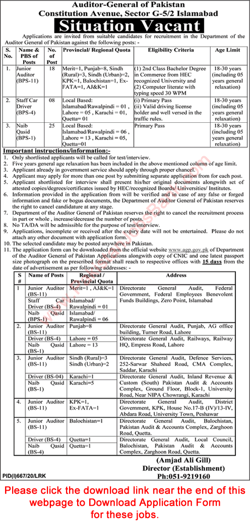 Auditor General of Pakistan Jobs August 2020 AGP Application Form Junior Auditors, Drivers & Naib Qasid Latest