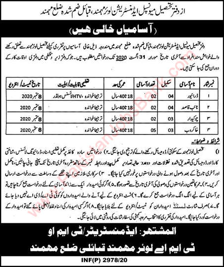 TMA Lower Mohmand Jobs 2020 August KPK Tehsil Municipal Administration Latest
