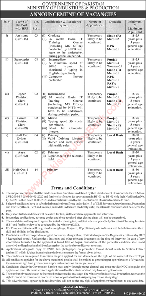 Ministry of Industries and Production Jobs August 2020 Islamabad Latest