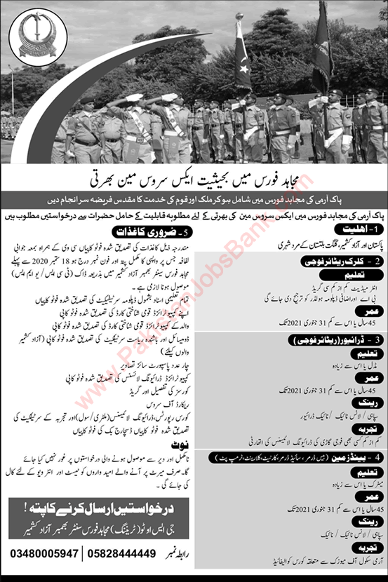 Mujahid Force Jobs August 2020 Join as Clerk, Driver & Bandsman Ex / Retired Serviceman / Army Personnel Latest