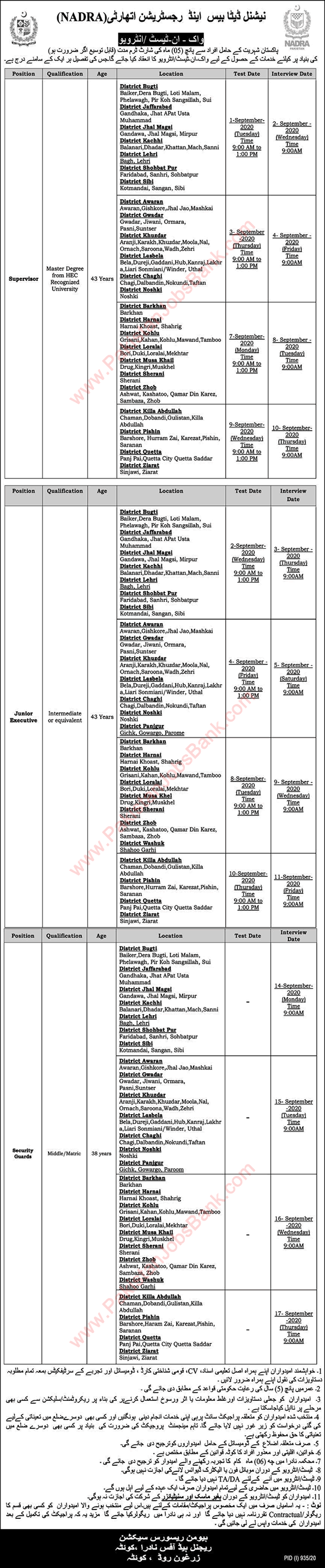 NADRA Balochistan Jobs August 2020 Walk in Tests / Interviews National Database and Registration Authority Latest